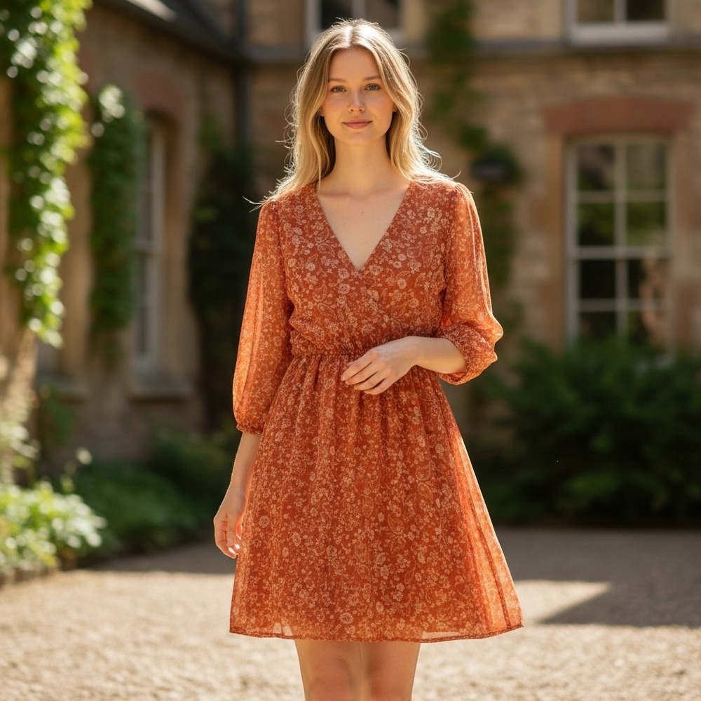 Hollister Rust Orange Paisley Floral Chiffon Mini Dress Smocked Waist Small NWOT